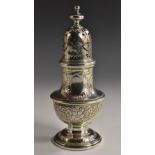 An 18th century silver pear shaped sugar caster, possibly Irish, knop finial, pierced domed cover,