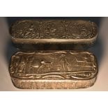 A Dutch silver rounded rectangular tobacco box, hinged cover chased with scenes from the Bible,