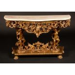 An 18th century style gilt pier table, modelled with scantily clad putti amongst scrolling foliage,