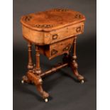A Victorian burr walnut and marquetry shaped oval work table,