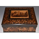 A Victorian Tunbridge ware and rosewood waisted rectangular work box,