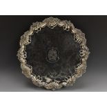 A large Victorian shaped circular tray, the field applied with Wier Clan crest,