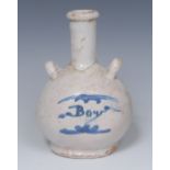 A 17th/18th century tin glazed sack or pilfrim bottle, tall neck, loop handles to shoulder,