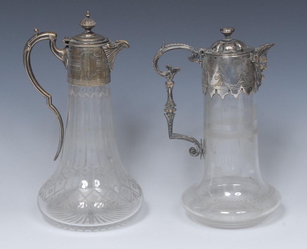 A Victorian clear glass and E.P.N.S mounted claret jug, 28cm high, c.