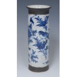 A Chinese crackle glaze stoneware cylinder sleeve vase, painted in underglaze blue with quails,