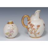 A Royal Worcester flatback jug, printed and painted with flower sprigs, on a blush ivory ground,