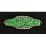 An Art Deco diamond and green stone collar clip brooch,