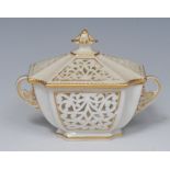 A Graingers Worcester reticulated two handled shaped rectangular box and cover, gilt line borders,