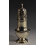 A George I silver pear shaped sugar caster, domed cover with knop finial,