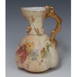 A Royal Worcester lobed jug, printed painted with colourful summer flowers on an ivory ground,