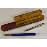 A Faberge blue enamelled travelling two section dipping ink pen, silver end cap,