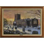 Mark Postlethwaite Enderby Church and High Street signed, oil on canvas,