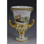 A Derby two-handled campana shaped vase, painted by John Brewer,
