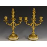 A pair of 19th century gilt bronze two light two branch candleabra, leafy central sconces,