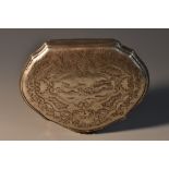 A Continental silver shaped serpentine snuff box, hinged cover engraved with hounds chasing a fox,