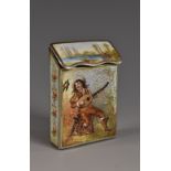 A Continental silver and enamel vesta case, decorated in polychrome with serenading sweethearts,