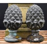 A pair of 18th century style composition pine cone pier-finials, waisted socles,