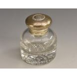 A Victorian silver mounted clear glass domed inkwell, hinged domed cover, hobnail-cut base, 7.