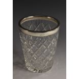 An Elizabeth II silver mounted hobnail-cut clear glass ice bucket, star-cut base, 15cm high,