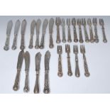 A composed set of silver hafted Kings pattern fish knives and forks,