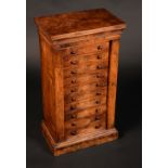 A Victorian burr walnut table top Wellington chest, of small proportions,