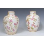 A pair of Derby Crown Porcelain ovoid vases, decorated with flowers and foliage,