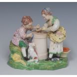 A Derby Patch Mark figure group, Children Playing Hazard, after a painting by Francois Boucher,