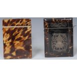 A Victorian tortoiseshell card case, applied with silver cartouche, 10cm high, c.