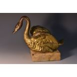 A 19th century French gilt patinated bronze, of a swan, cast in the baroque manner,