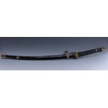 A Japanese katana, 66cm curved blade, bronze tsuba with prunus to angles, black painted saya,