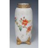 A Graingers Worcester cylindrical vase, pierced rim, painted with red blossom,