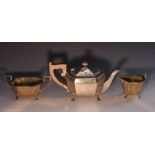 An Art Deco silver three piece canted rectangular tea service, comprising teapot,