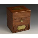 A 19th century square mahogany apothecary cabinet, hinged cover with flush handle,