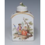 A German tea caddy and cover, painted with courting couples, the sides with colourful bouquets,