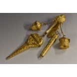 A Rococo gilt metal chatelaine, the shell-shaped clip supporting bonbonniere, and scissors,