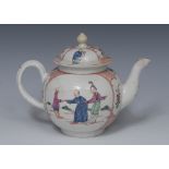 A Lowestoft Mandarin style globular teapot and cover, decorated with oriental figures within panels,