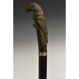 A 19th century novelty animalier type walking stick, patinated pommel cast as a parrot,