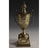 A George V silver two-handled acanthus-fluted ovoid trophy and pedestal,