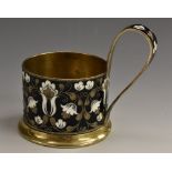 A Russian silver-gilt and cloisonne enamel tea glass holder,