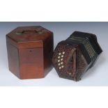 A 19th century rosewood concertina, paper bellows, twenty-one bone keys,