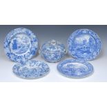 A Spode shaped circular blue and white Death of the Bear plate, printed with elephant, horsemen,