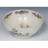 A Liverpool Herculaneum creamware circular bowl, printed in monochrome with a Man of War,