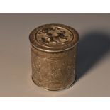 A Chinese silver cylindrical bonbonniere, chased and engraved with animals in a landscape,