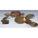 A three blade brass ships propeller; another smaller; a brass and pine marker buoy,