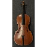 A cello, the one-piece back 74.5cm long excluding button, ebonised tuning pegs.