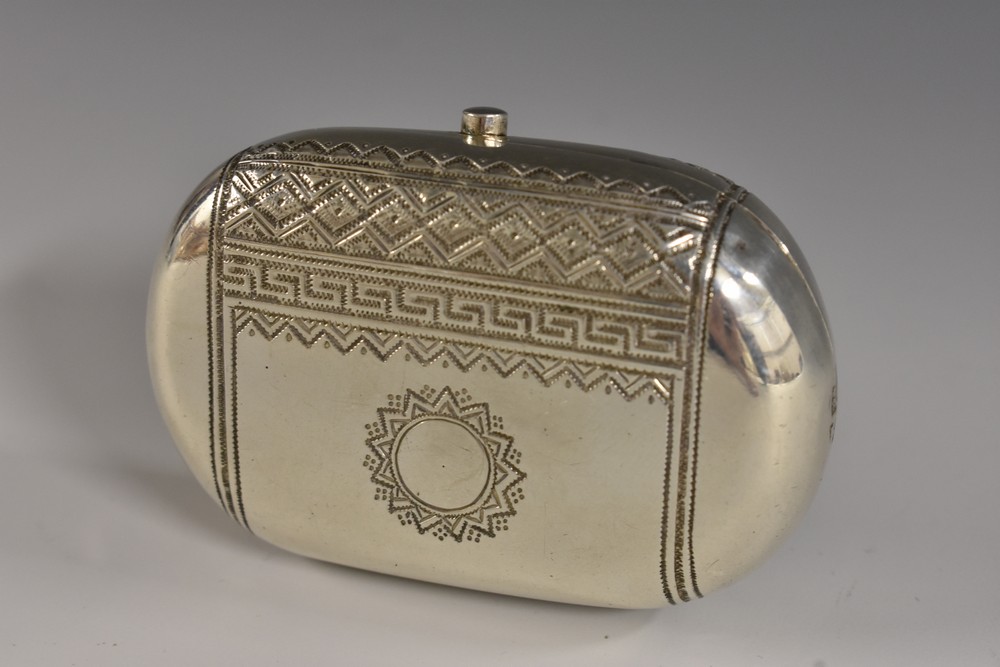 A 19th century Russian silver oval box or purse, Bright-cut engraved, 7cm wide, 84 zolotnik mark, c.