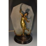 An Art Deco bronze and frosted glass table lamp, centred by a study of a beauty,