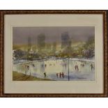 Michael Crawley Skating, Central Park, New York signed, titled to verso, watercolour,
