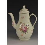 A Derby pear shaped coffee pot and cover, painted with a large roses and scattered flowers,