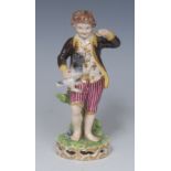 A Derby figure, The French Shepherd, he stands wearing brown jacket,